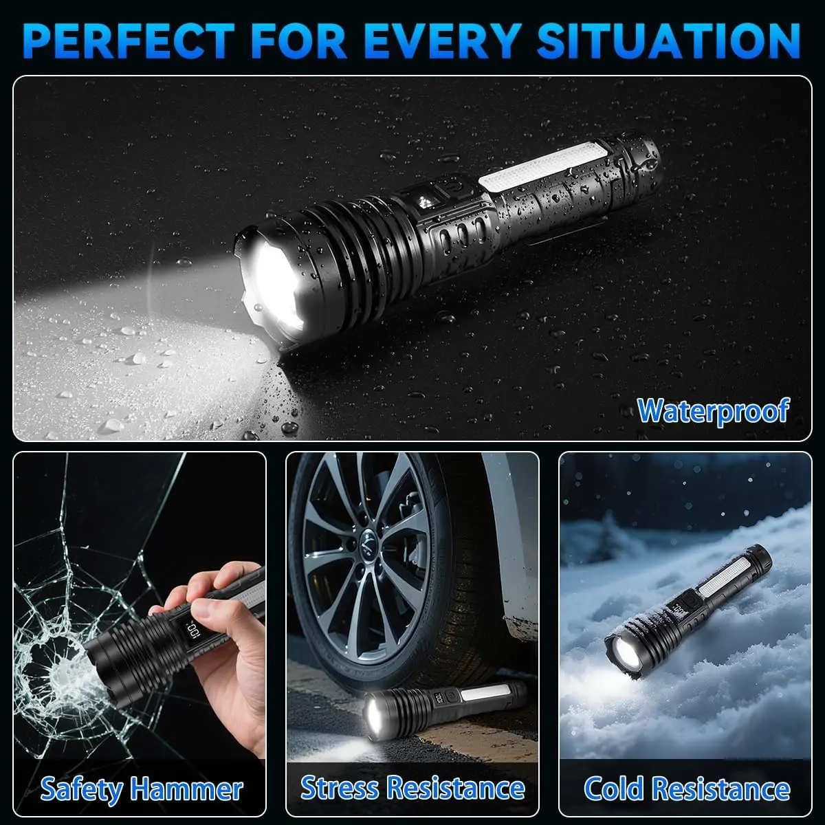 4Pack High Lumens 9900FL Rechargeable Flashlight with LCD Display, 7-Mode COB Tactical Light