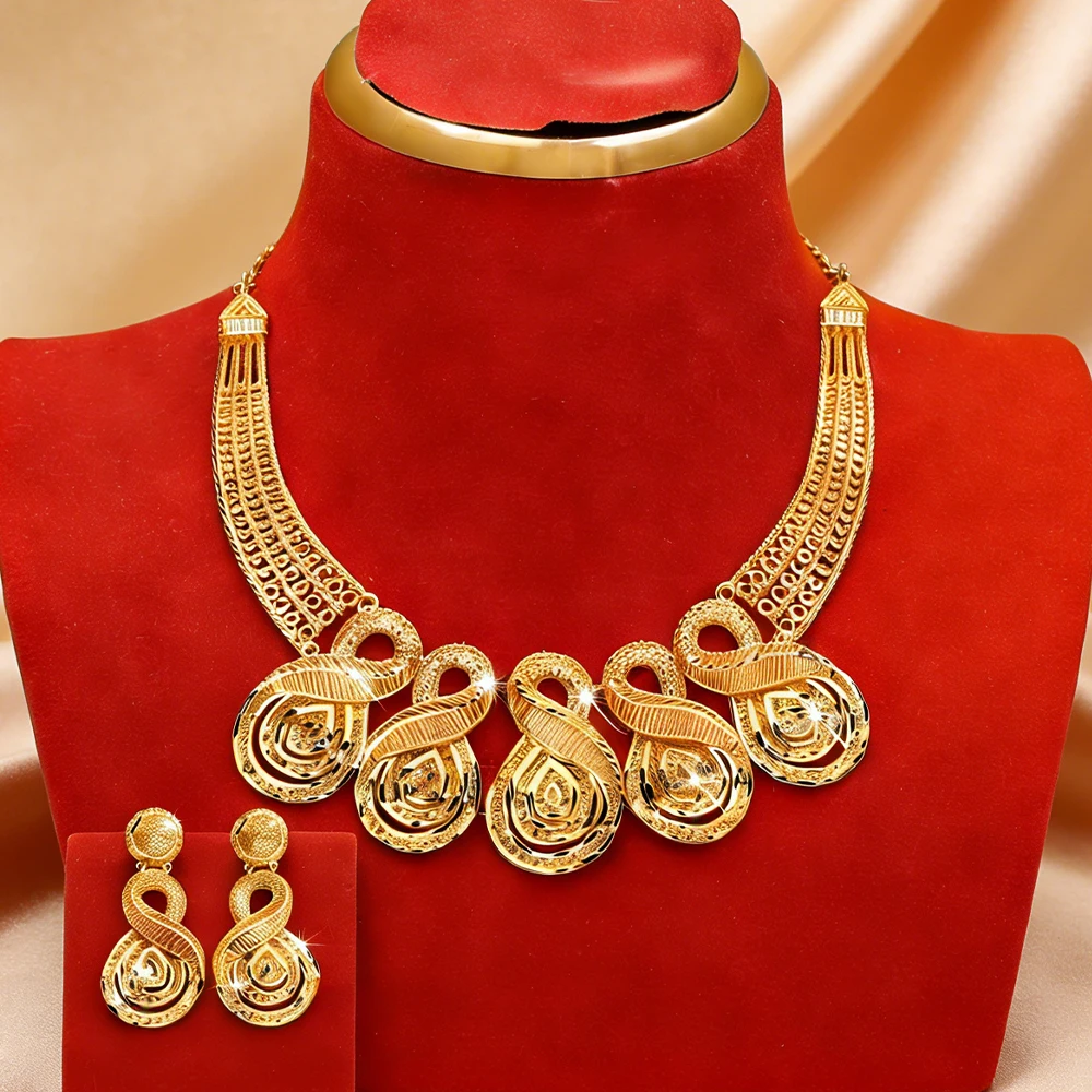 

African Necklace Jewelry Set Drop Earring Women Golden Luxury Necklace Set Dubai Earring Design Classic Jewelry Wedding Daily