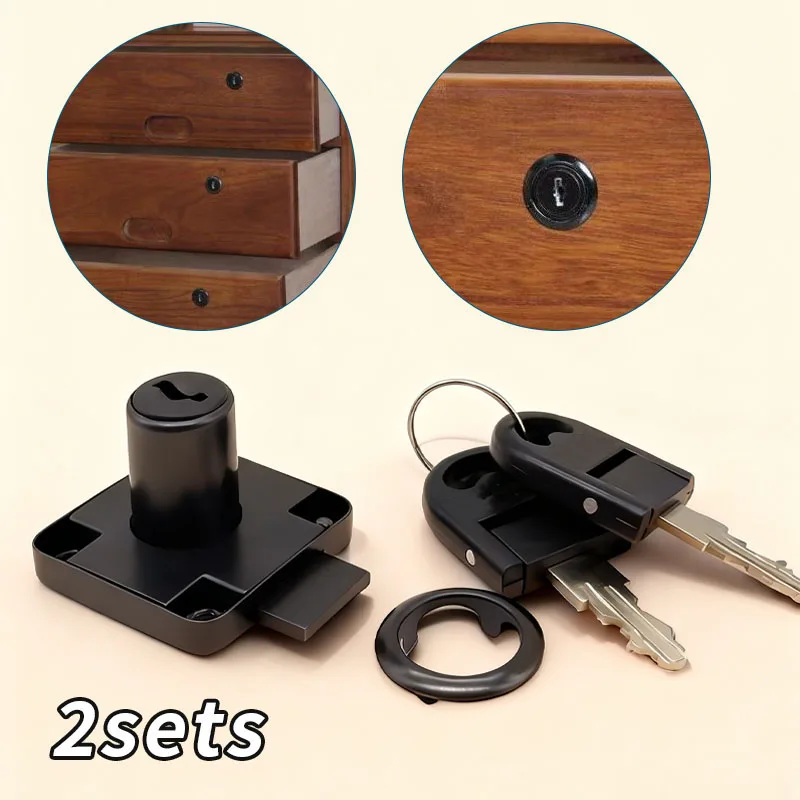 2 Sets of Drawer Locks, Furniture Locks, Anti-Theft Locks for Office Desks and Filing Cabinets, Black Locks with Keys