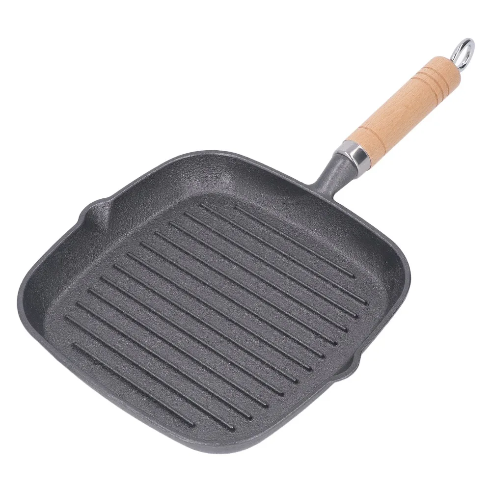 

Cast Iron Grill Pan Wooden Handle Nonstick Steak Pan Multi-functional Even Heating Steak Griddle Indoor & Outdoor