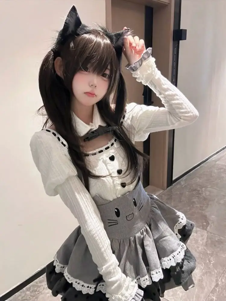 

Cute Polka Dot Shawl Coat White Base Shirt Puffy Skirt Three Piece Set Regular Sleeve Long Zipper Closure Polyester Fabric