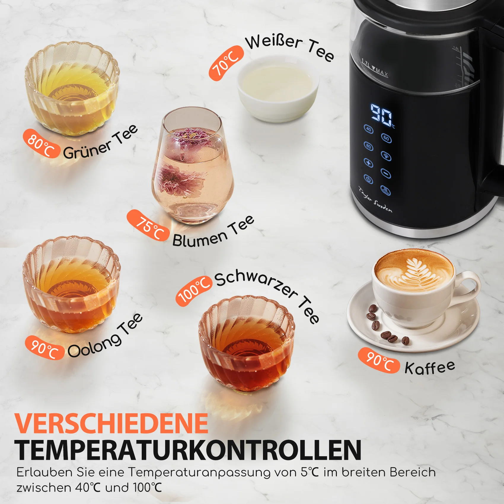 غلاية تايلور سوودن سعة 1.7 لتر مع التحكم في درجة الحرارة، شاشة عرض رقمية LED ذكية لدرجة الحرارة 40-100 ° ج، 2200 واط زجاج ستانلس ستيل