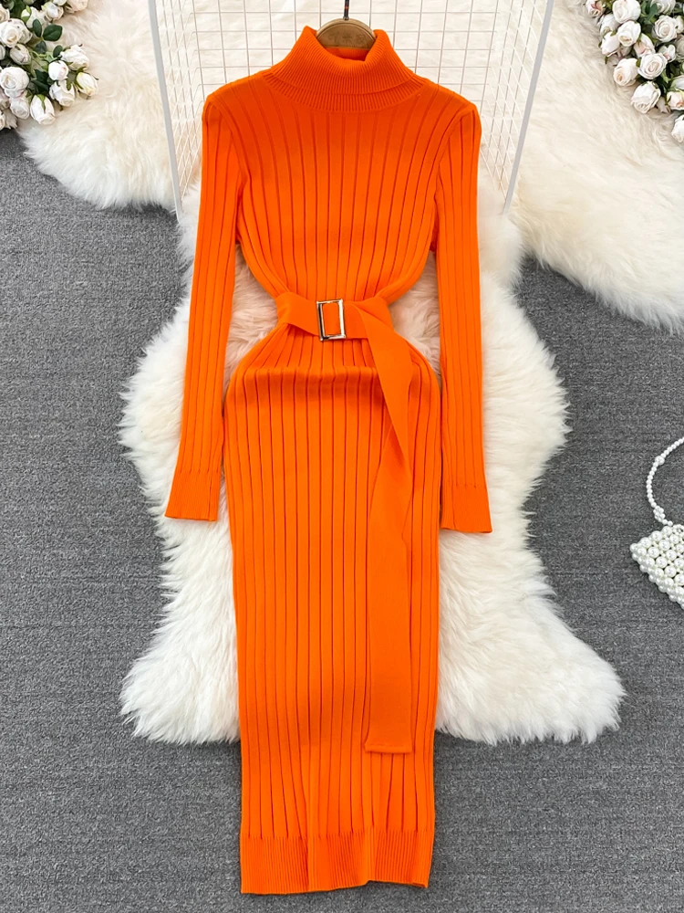YuooMuoo Fashion Ribbed Knit Full Sleeve Dress with Belt Ladies Autumn Winter Elegant Knit Sweater Dress Women 2023 New Vestidos