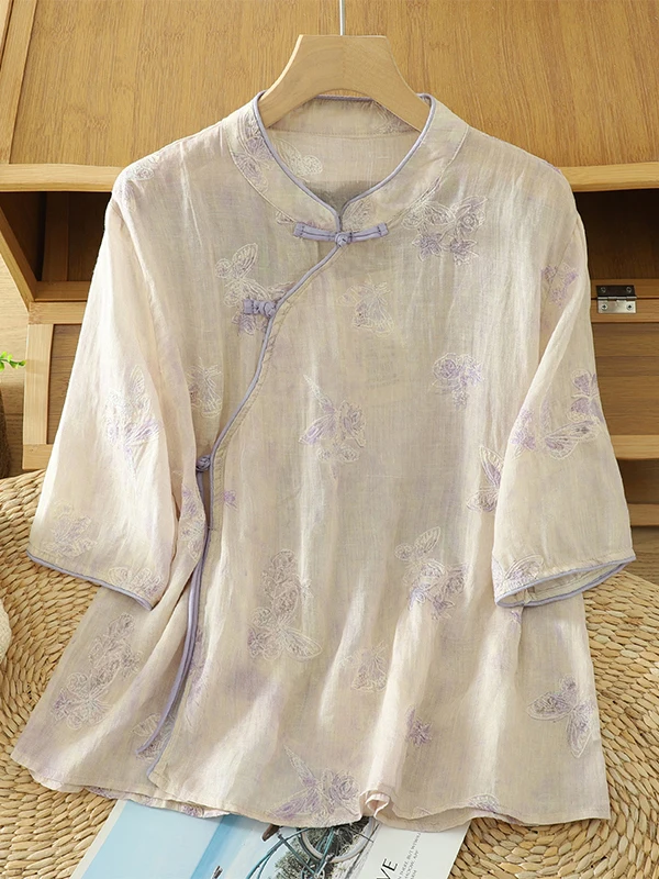 

Heavy Embroidery Purple Silk Cotton Women's irt Stand Collar Chinese Sle Side Buttoned Loose Fit Daily Wear
