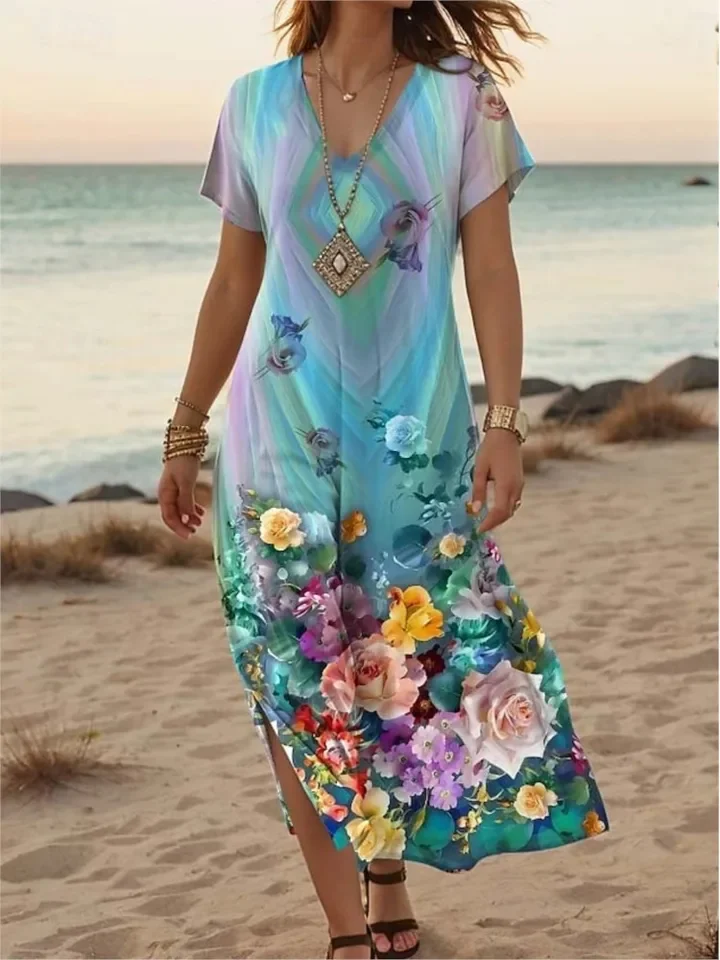 Mode Druck Kleid Dame Casual V-ausschnitt Kurzarm Lose Kleider Für Frauen Boho Urlaub Strand Rock Robe Femme Sommer Kleidung