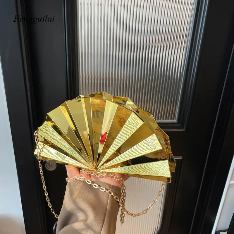 Ladies' Luxe Evening Party Bag - Fashionable Fan-Shaped Metallic Bead Handbag - Fan-Shaped Evening Dress Bag