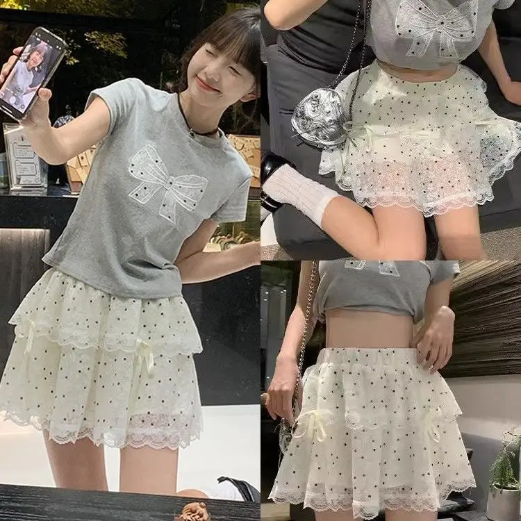 

White Polka Dot Knot Design High Waist Lace Slimming Me Cake f Skirt Women's Sle Commute Korean Version