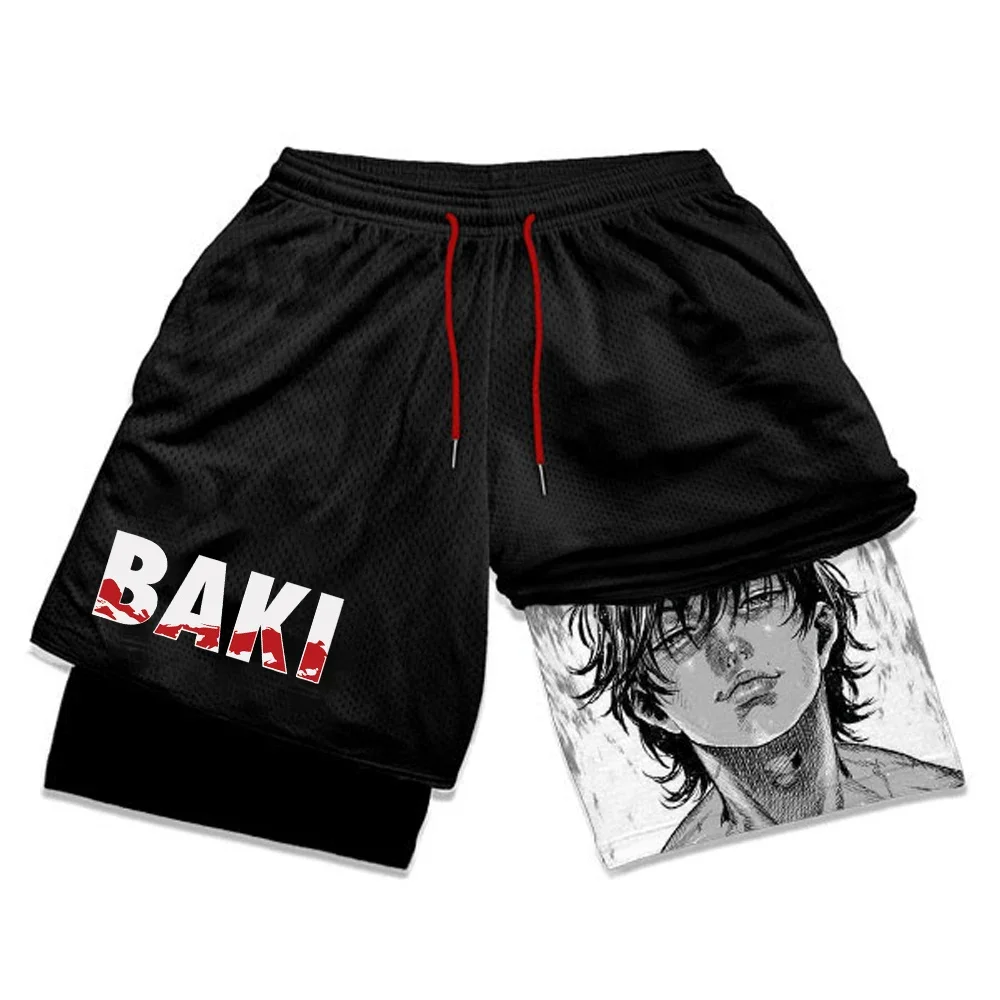 Baki Hanma Anime Gym Shorts Men Manga 3D Print 2 in 1 Performance Shorts Workout Quick Dry Sports Compression Short Pants Summer