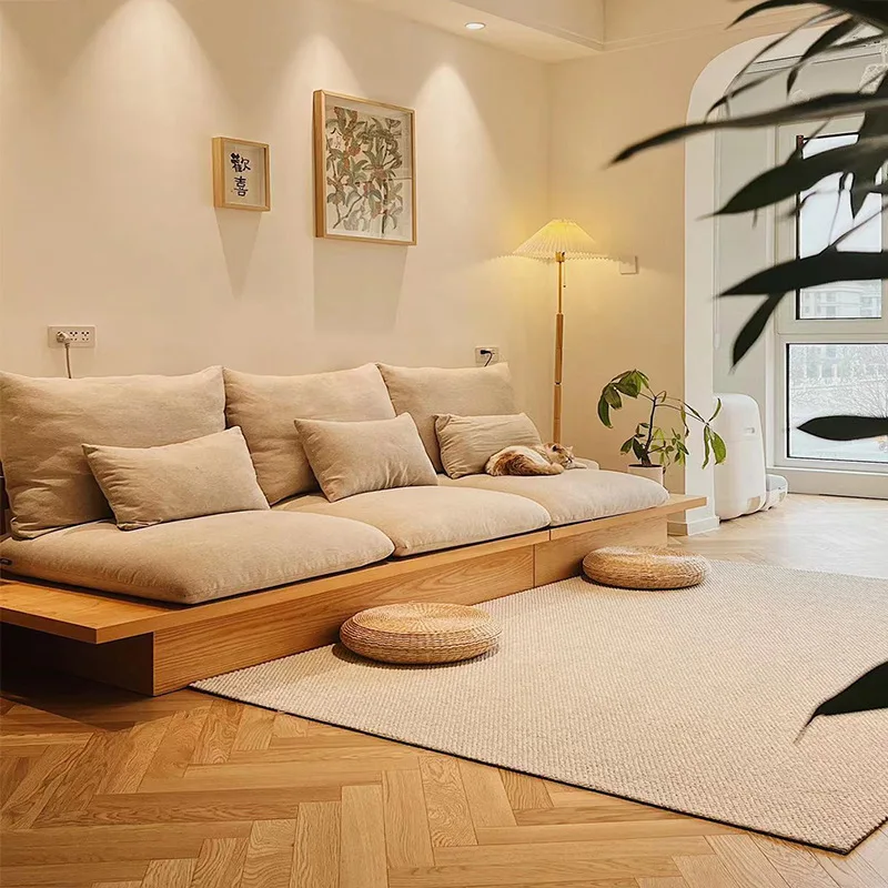

Floor-to-ceiling sofa solid wood, living room small apartment Nordic simple high-end storage floor fabric log wabi sandy wind