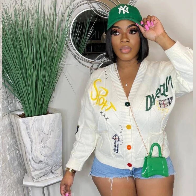 

Осень-зима, свободные свитера, новый вязаный кардиган с вышивкой, женский свитер, теплые джемперы с длинными рукавами и буквенным принтом