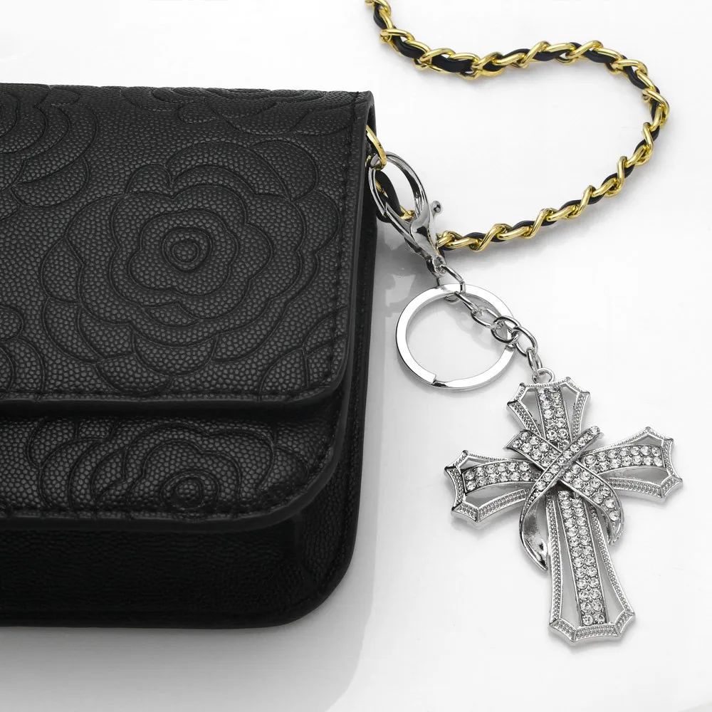 

1Pc Zinc Alloy Cross Keychain For Women/Men Rhinestone Alloy Golden/Silvery Color Religious Christ Keyring Bag Charm Jewelry