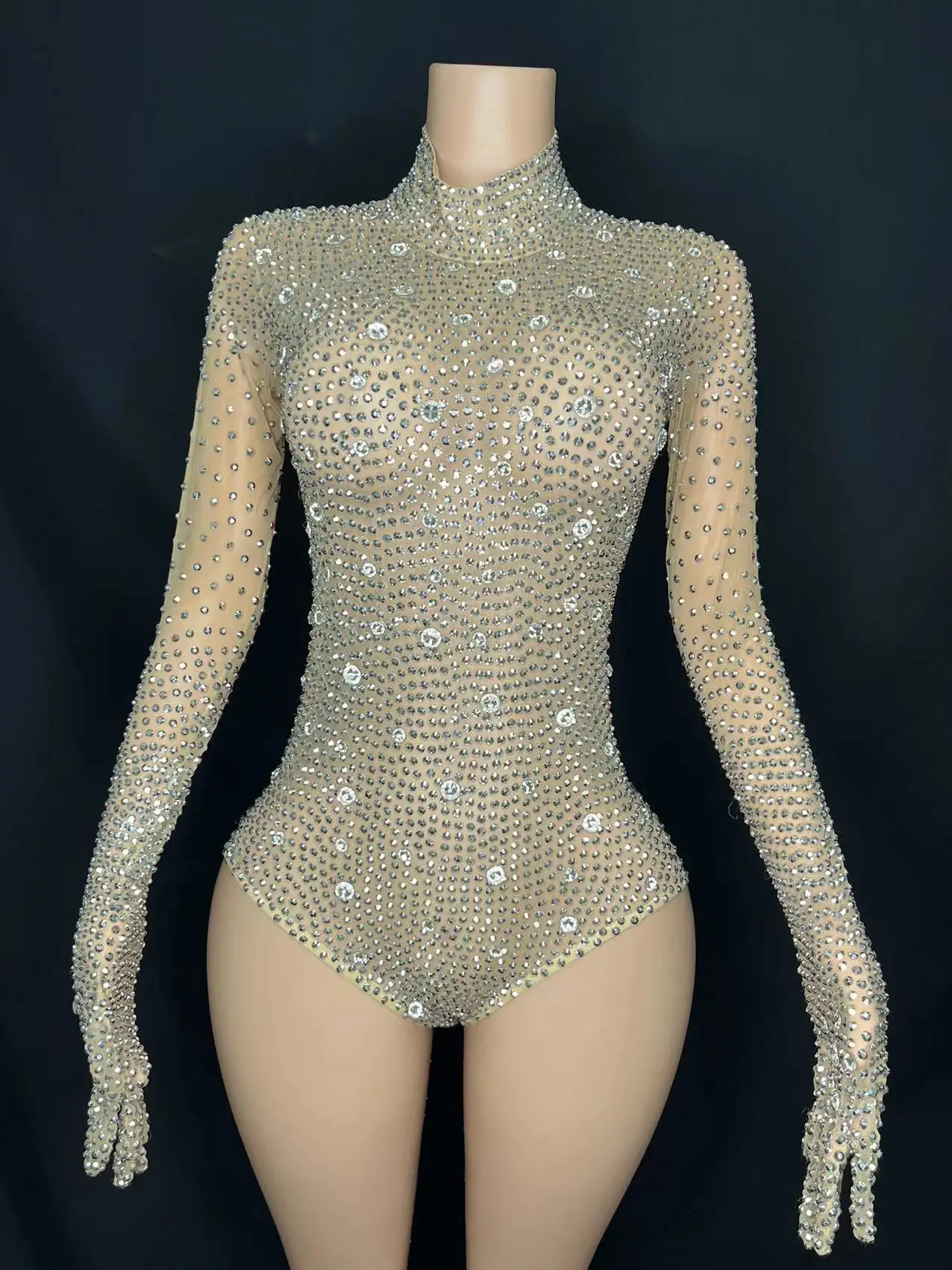 

Silver Rhinestones Gloves Jumpsuit TransparentMesh Stones Bodysuit Pants Birthday CelebrateOutfit Evening plus size