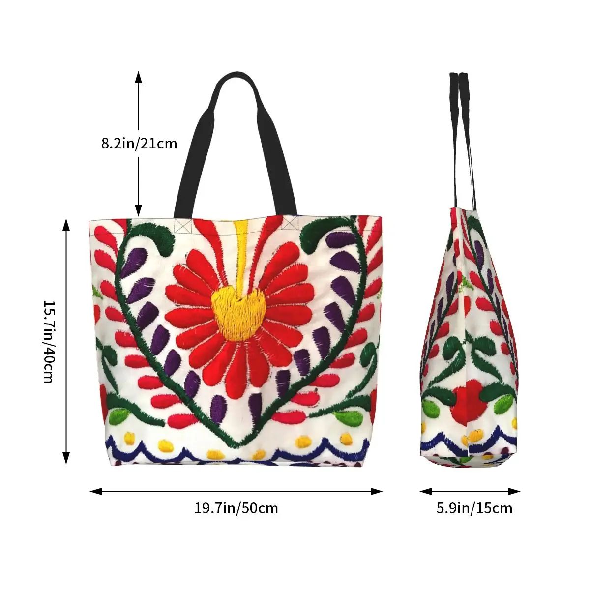 Mexican Flowers Groceries Shopping Bags Custom Printed Canvas Shopper Tote Shoulder Bag Large Capacity Portable Handbag