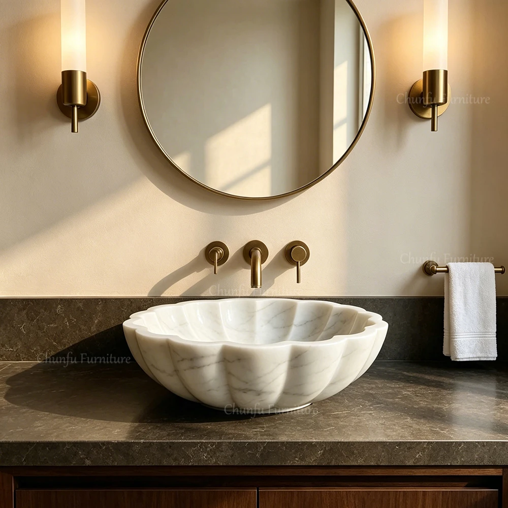 Modern Fluted Flower Shaped White Marble Countertop Mounted Round Vessel Wash Basin with Drainer for Luxury Bathroom Decor