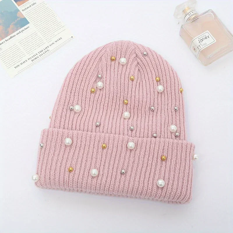 

Pearl Decoration Shiny Hoded Hat Soild Color Curled Edge Brimless Cap Fried Dough Twists Thread Knitted Hat Outdoor Warm Hat