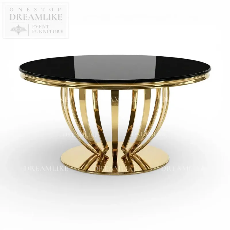 custom.Modern Round Black Glass Wedding Banquet Table Stainless Steel Cage Base Event Rental Factory Direct