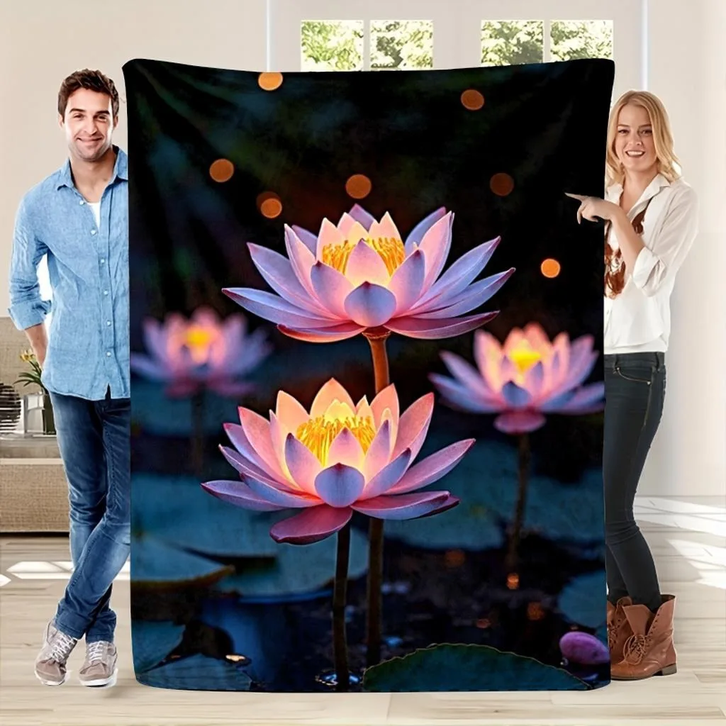 

Enchanting Glowing Lotus Throw Blanket - Serene Floral Night Pattern Soft Blanket for Sofa Bed