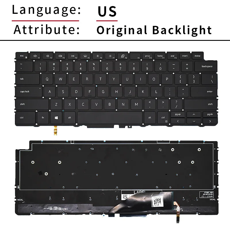 Clavier américain pour Dell XPS 13 7390 2-en-1 langue anglaise noir avec rétro-éclairage 04J7RW NSK-ET0BC PK132Cratios A00 4J7RW d'origine