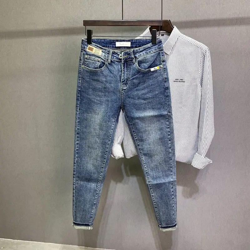 Trendy Brand 2026 Versatile Labeled Jeans for Men Stretch Slim Fit Simple Skinny Pants Trendy Cat Whisker Slimming Cropped Pants