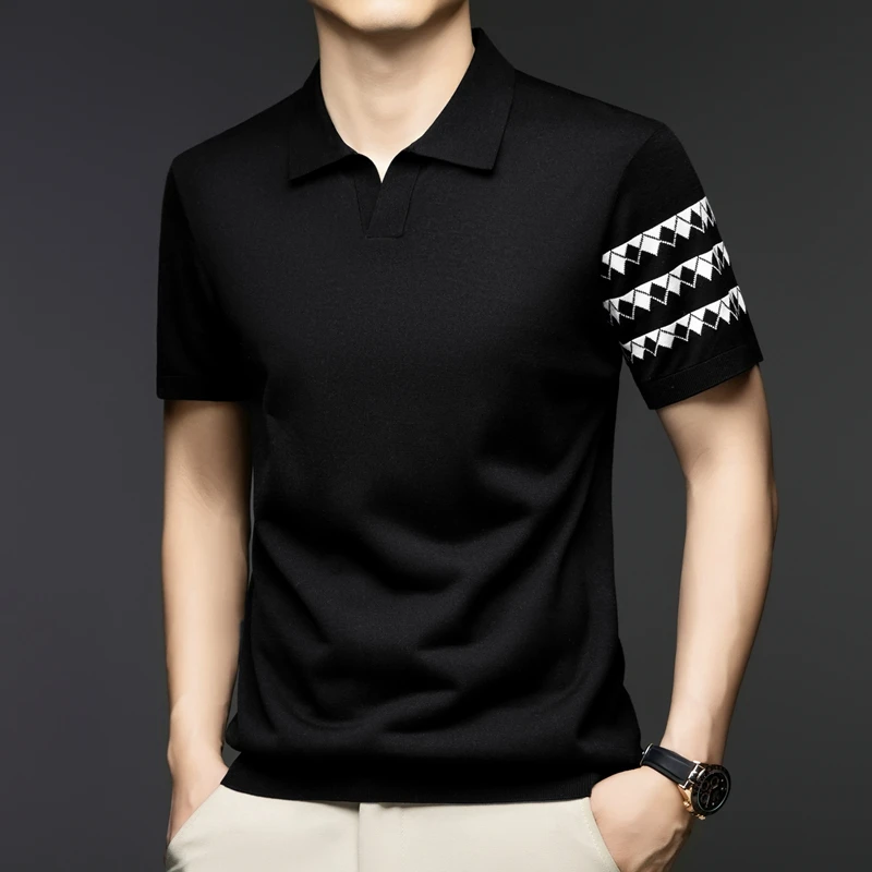 

YEAE Light Luxury Business Summer Mulberry Silk Short-sleeved Men's T-shirt Scissors Lapel Fashion POLO Shirt Diamond Sleeve Top