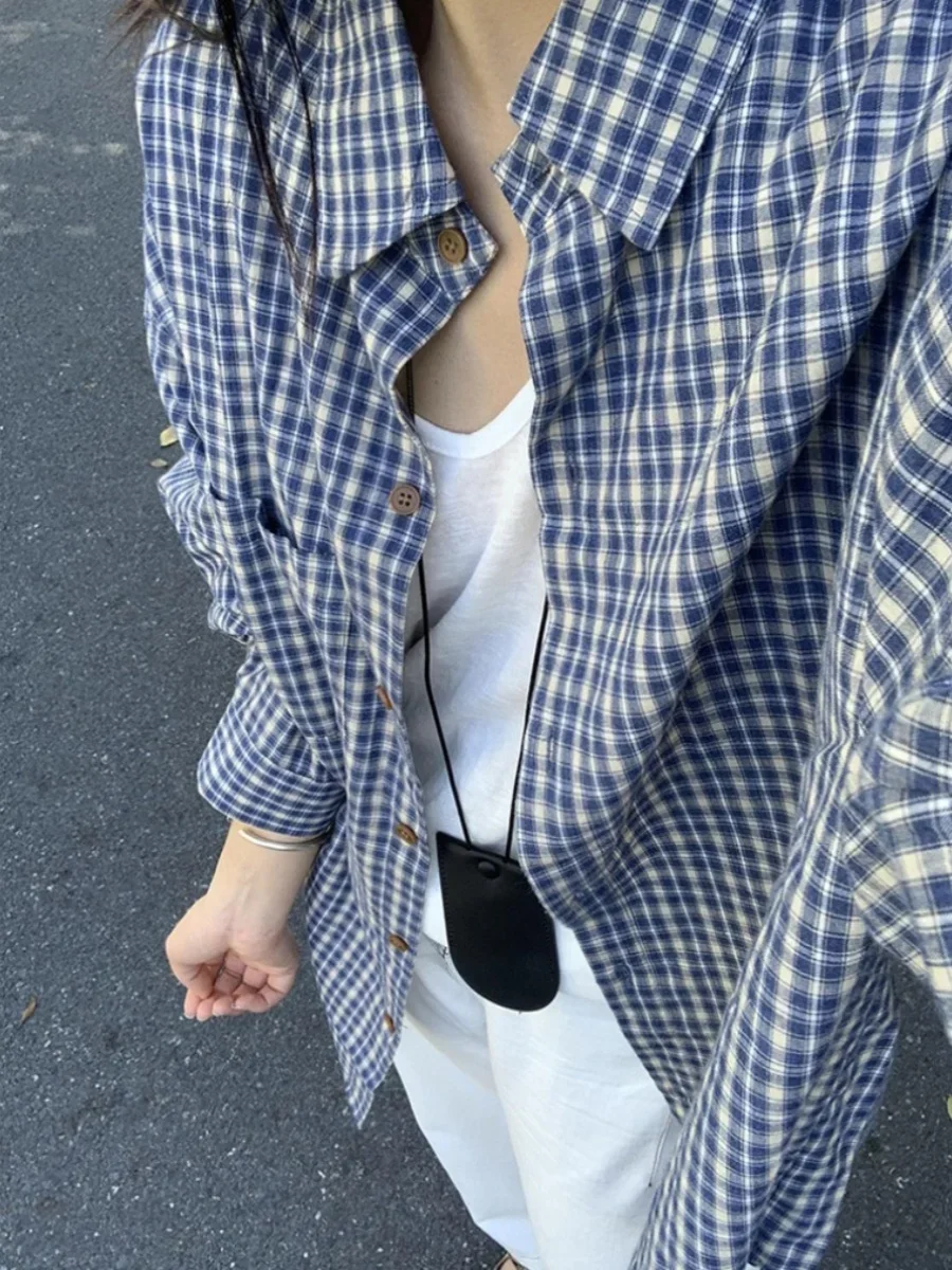 

Retro Blue Long sleeve Plaid Shirts Women Early Autumn Idle Sle Casual Plaid Outerwear Loose Outdoor Shirt E4910