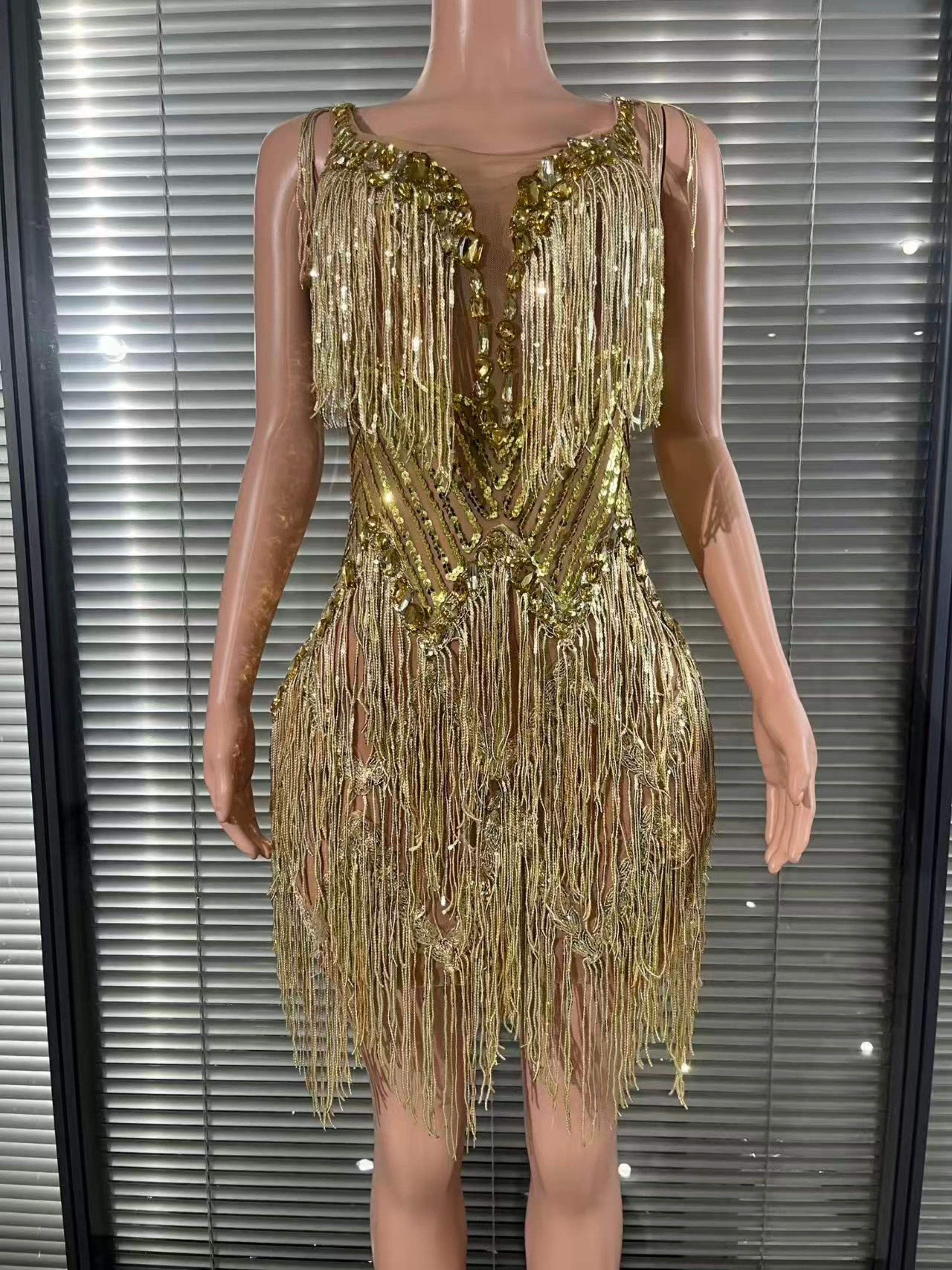 Mini robe moulante en maille à franges et paillettes dorées pour femmes, tenue de spectacle sur scène en boîte de nuit, bal de promo