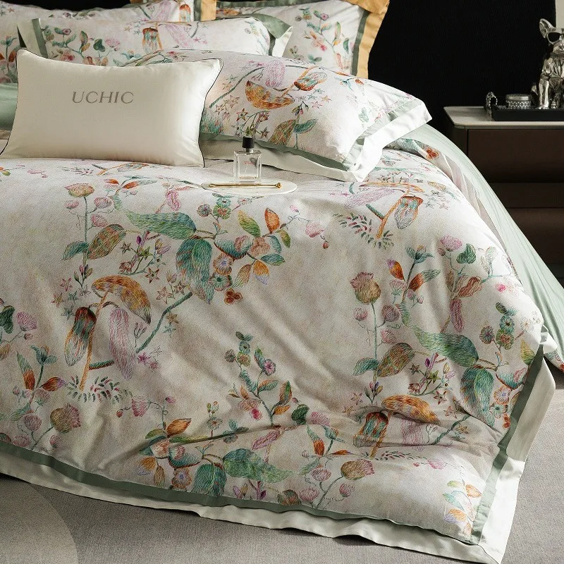 US Style Floral Print Egyptian Cotton Bedding Queen King Comforter Cover Soft Duvet Cover Set Flat/Fitted Bed Sheet Pillowcases