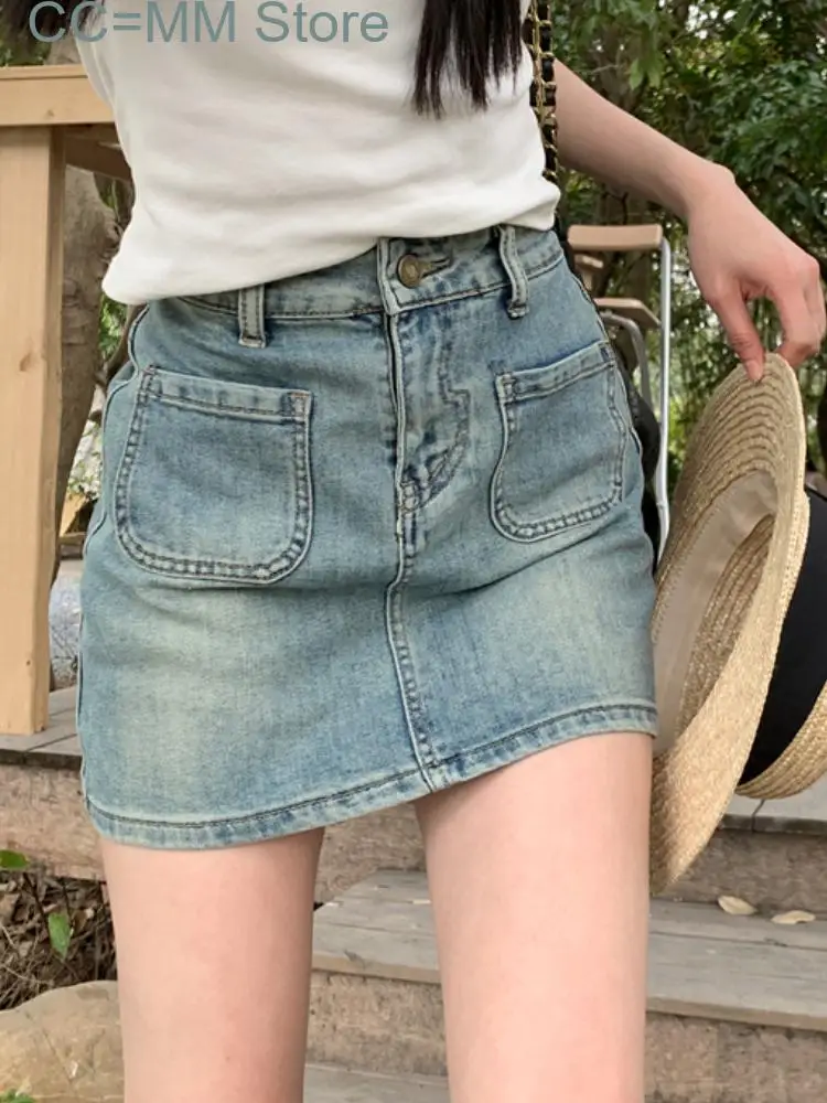 New Bule Vintage Fashion Denim Skirt Women Bodycon Casual Party Mini Skirt Female Pockets Korean Style Elegant Skirt