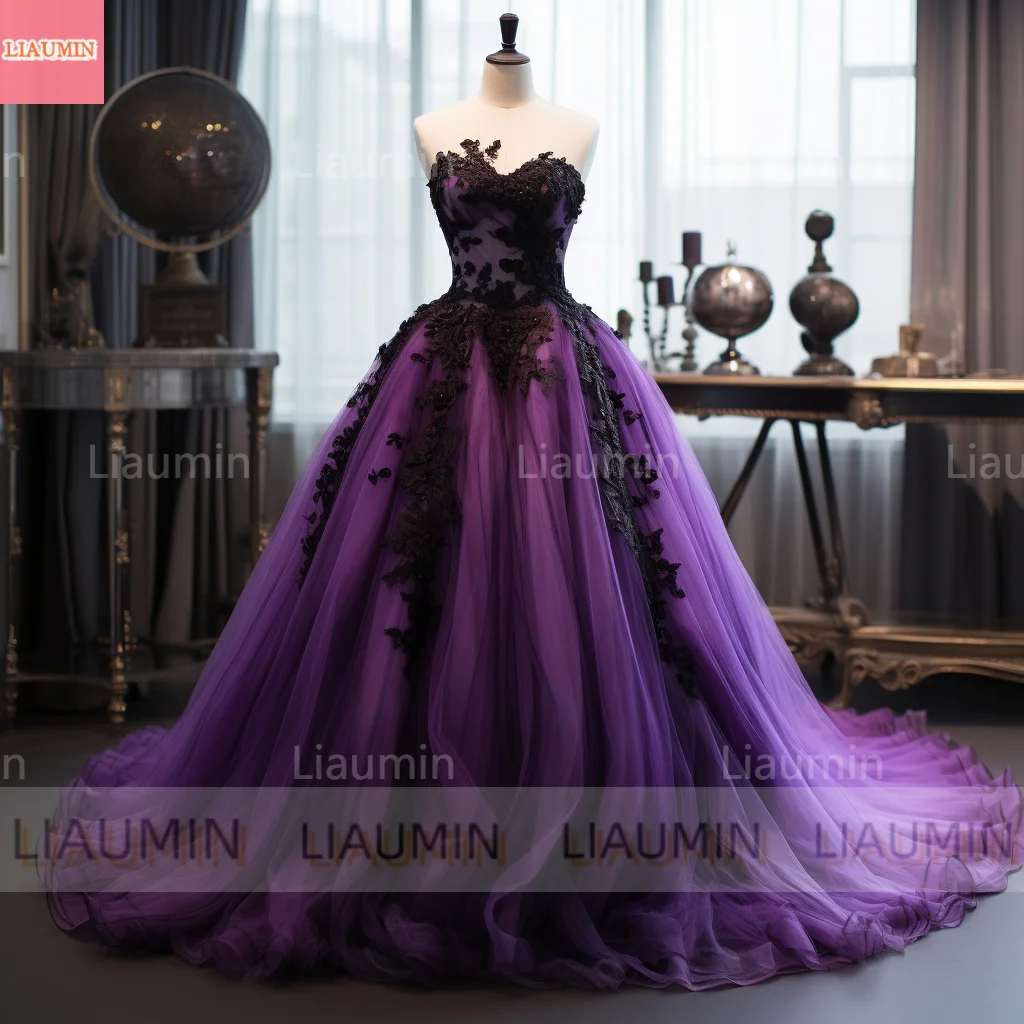 Purple Tulle and Black Lace Edge Applique Full Length Lace Up Back Evening Dress Brithday Formal Occasion Elagant CustomizedW1-9