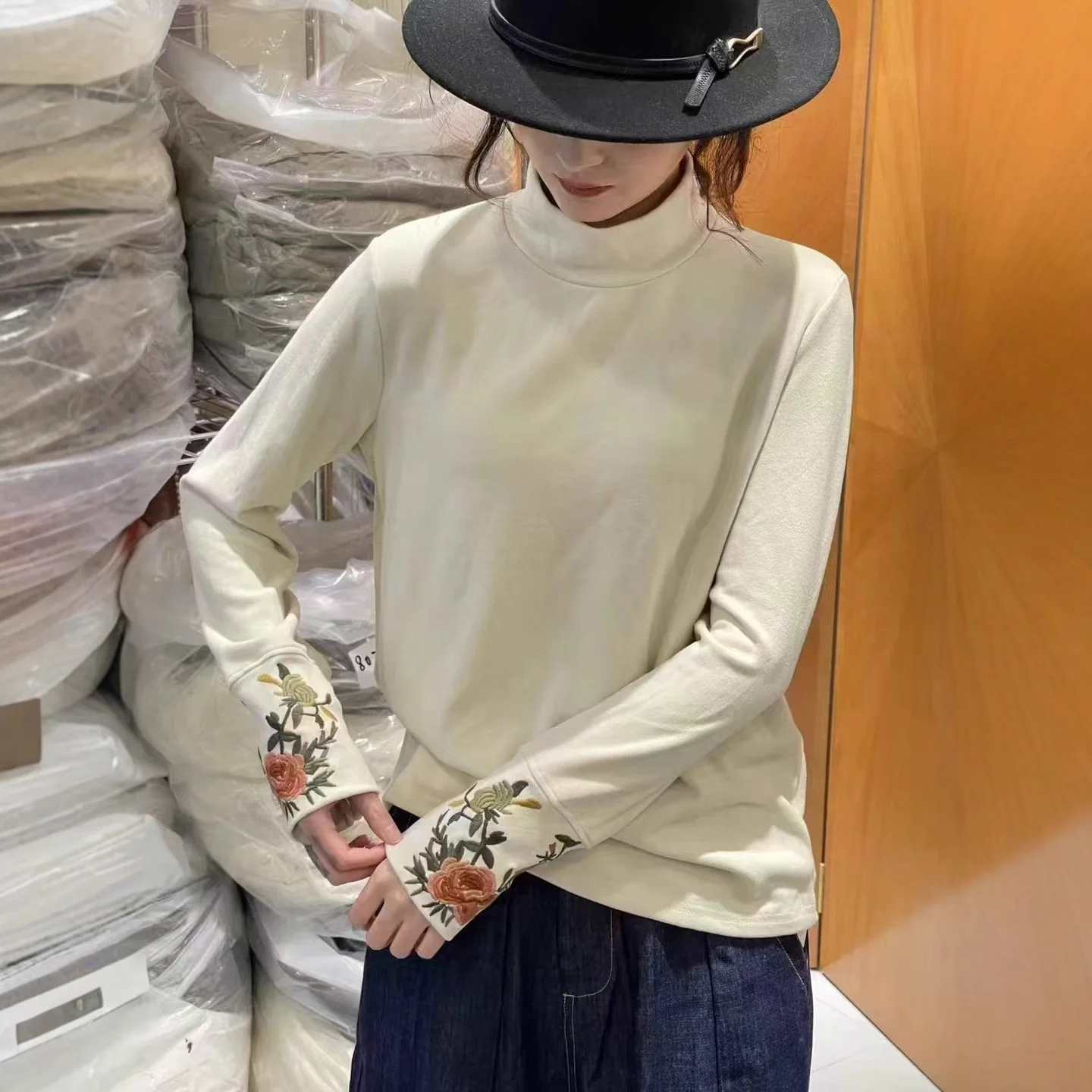 Japan Style Mori Kei Sweet Floral Embroidery Cotton T-Shirts Women Autumn Winter Turtleneck Long Sleeve Casual Backing Shirts