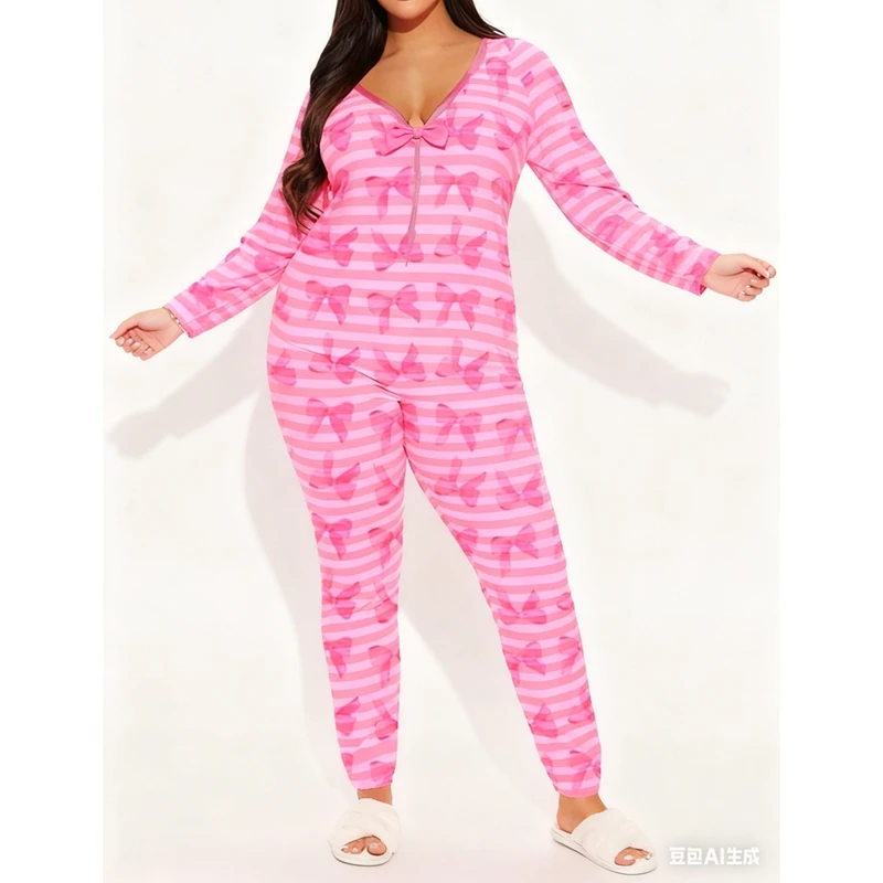 بدلة قفز نسائية بأكمام طويلة لعيد الحب من Combhasaki برقبة على شكل حرف V مخططة على شكل قلب مطبوعة ملابس نوم رفيعة مع رفرف للمؤخرة #5