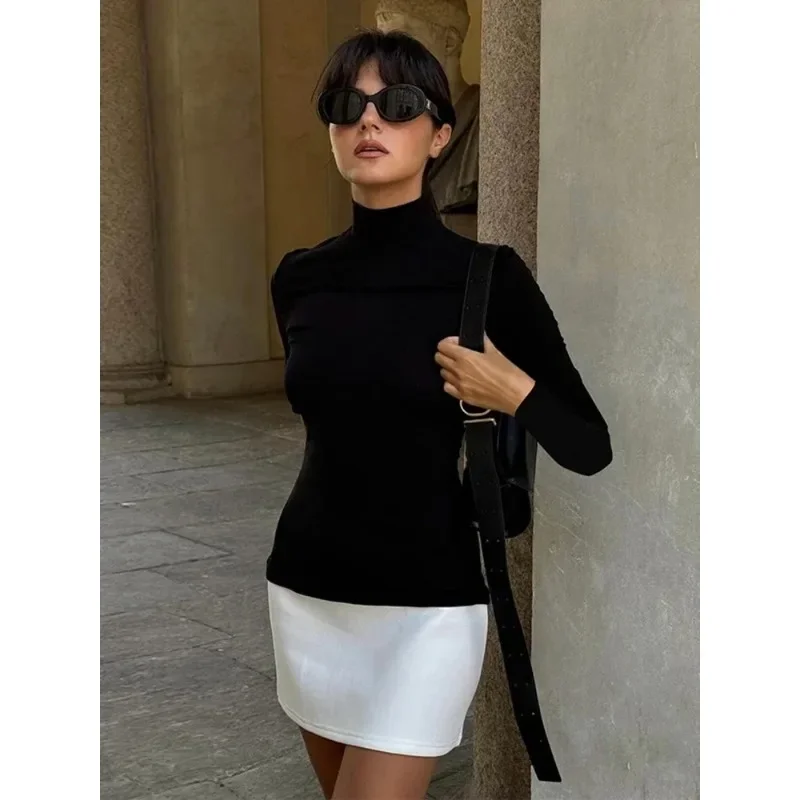 Turtleneck Splice Long Sleeve Mini Dress Women's Fashion Contrast Color Bodycon Sexy Dresses Autumn New Club Party Dress