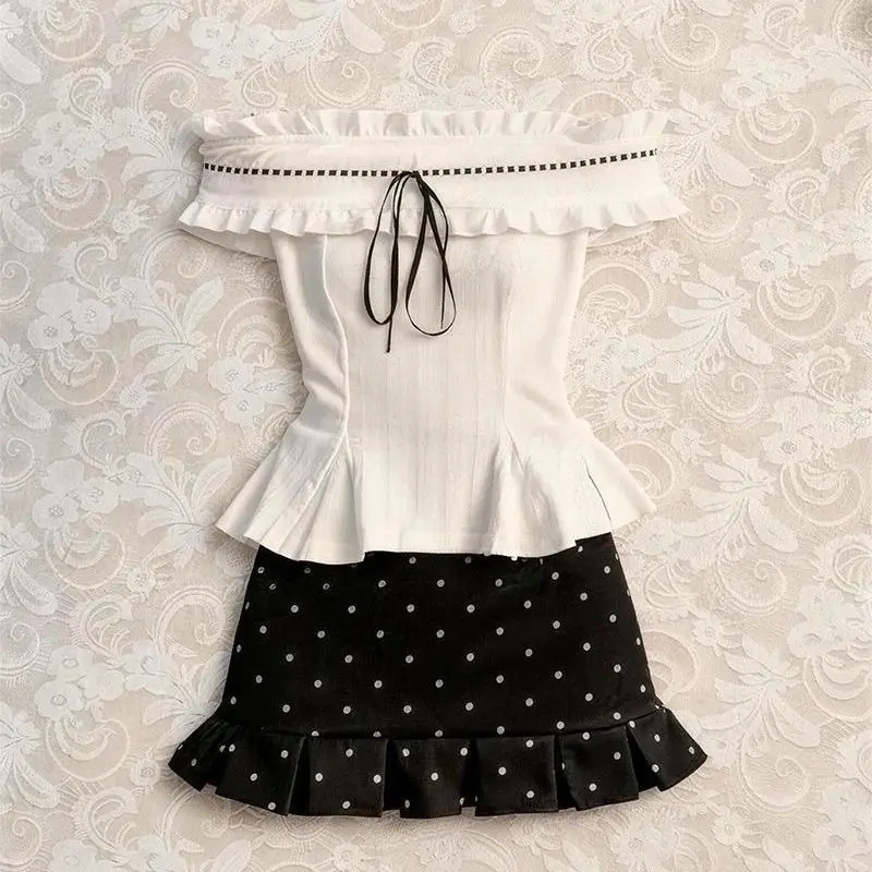 

French Vintage Ruffled Off-Shoulder Short Sleeve Top + High Waist Polka Dot Print Mini Skirt Two-Piece Set Women Sweet Bodycon