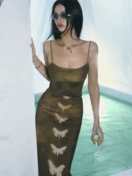 Y2K Retro Fashion Strap Printing Summer Maxi Dress Women Fairycore Grunge Chic Party Long Dresses Gothic Clothes