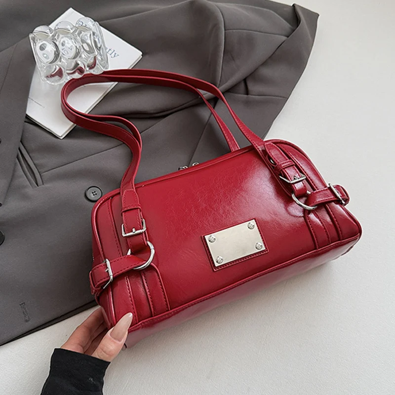 

Fashion Red PU Underarm Bag Women Advanced Design Versatile Motorcycle Shoulder Bags Retro Large Capacity Handbags Trend