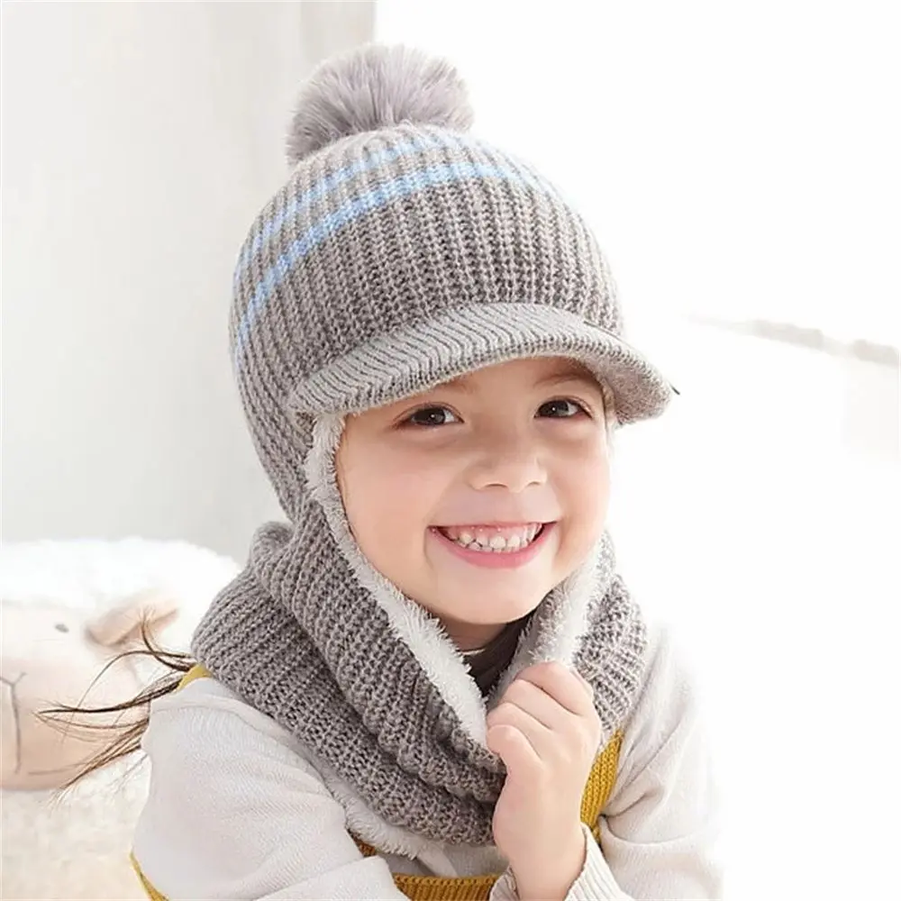 Winter Kids Plus Fleece Beanie Hats Thick Warm Knitted Balaclava Cap For Child Outdoor Girls Boys Face Cover Hairball Bib Mask