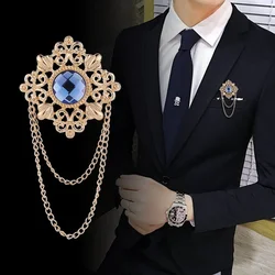 Retro Palace Gem Brooch Men's Suit Pin Vintage Rhinestone Cross Tassel Lapel Pins with Chain Badge Luxury Jewelry Accessories