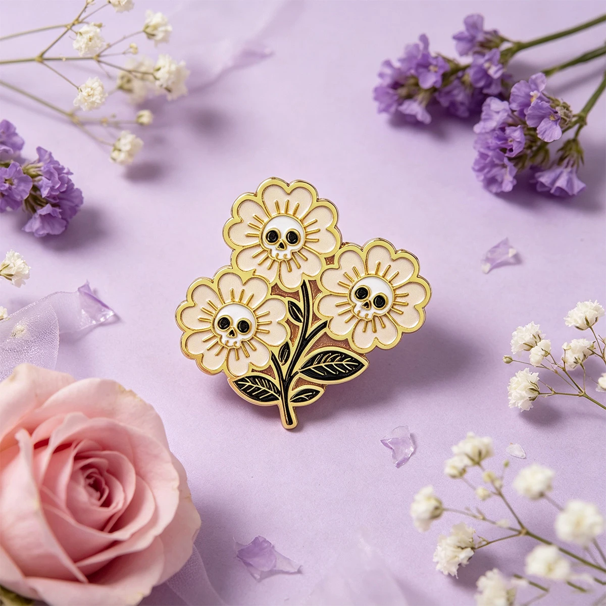 9 Stück Totenkopf-Blumenstrauß Emaille-Pin, Gothic-Skelett-Blumenbrosche, Anstecknadel für Rucksack, Jacke, Kleidung, Dekorationszubehör, Geschenk – Detail 3