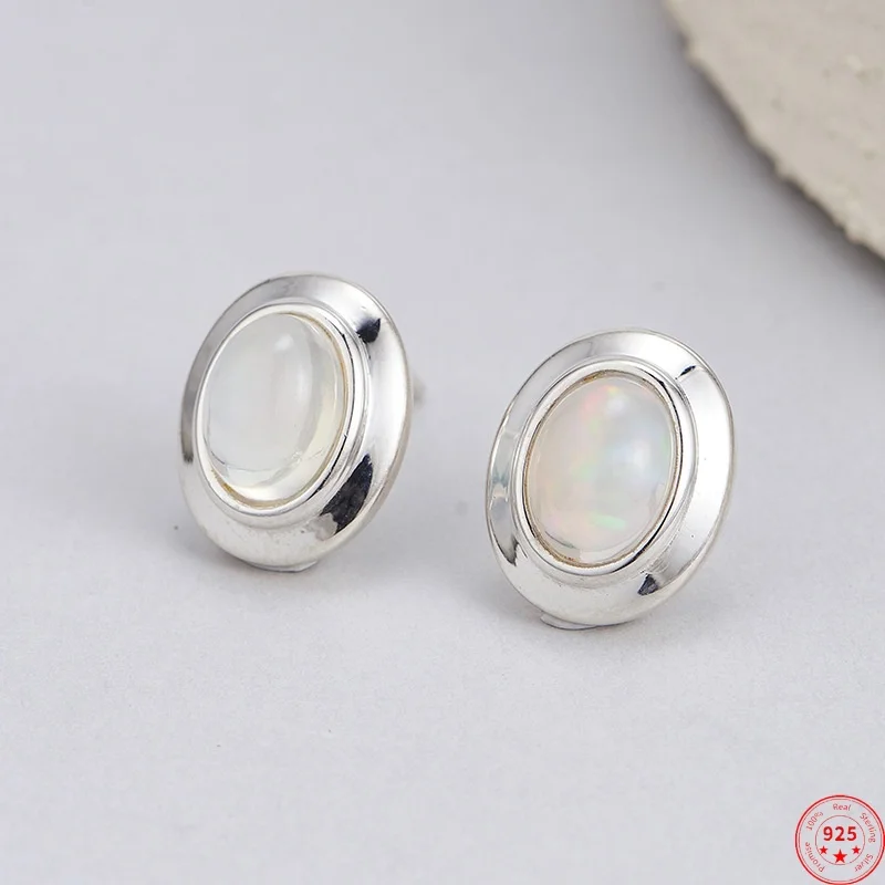 

S925 Sterling Silver Stud Earrings for Women Minimalist Round Pattern Inlay Opal Ear Studs Fashion Jewelry Wholesale