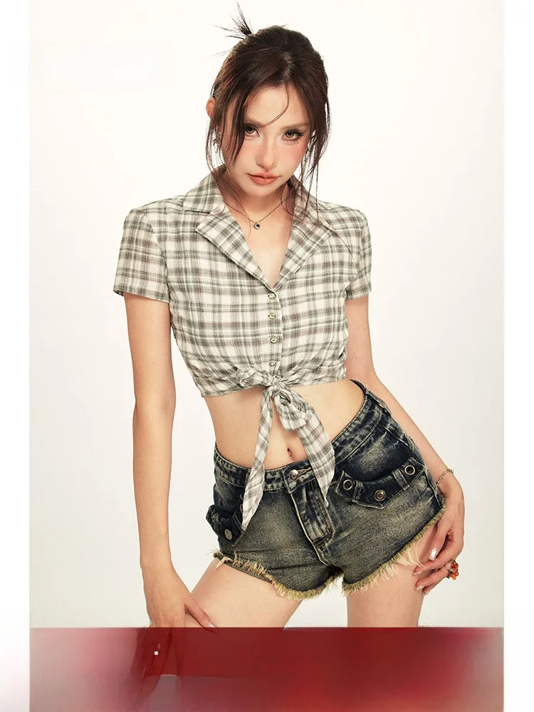

BeerBro American Retro Hot Girl Summer Millennium Short Sleeve Plaid Shirt Women's Top Slim Fit Street Style Cotton 100%