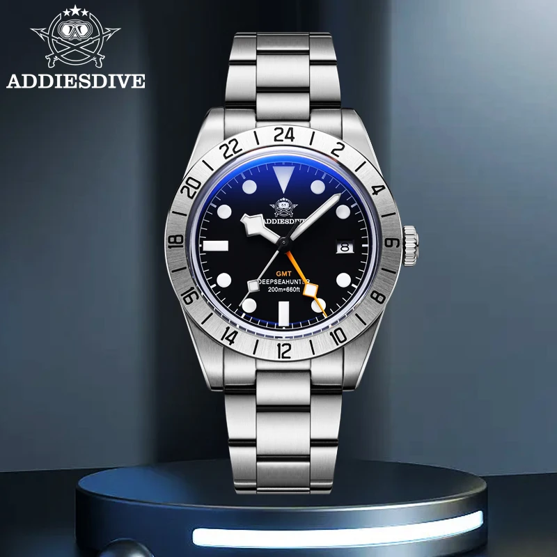 ADDIESDIVE New GMT Watch for Men 200m Diving Men‘s Watch BGW9 Blue Luminous Stainless Steel Quartz Wristwatch relogios masculino