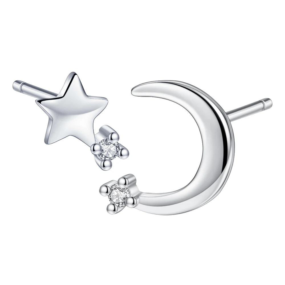 Real 925 Sterling Silver Jewelry Fashion High-qaulity Crystal Asymmetrical Moon Star Stud Earrings For Woman New XY0242