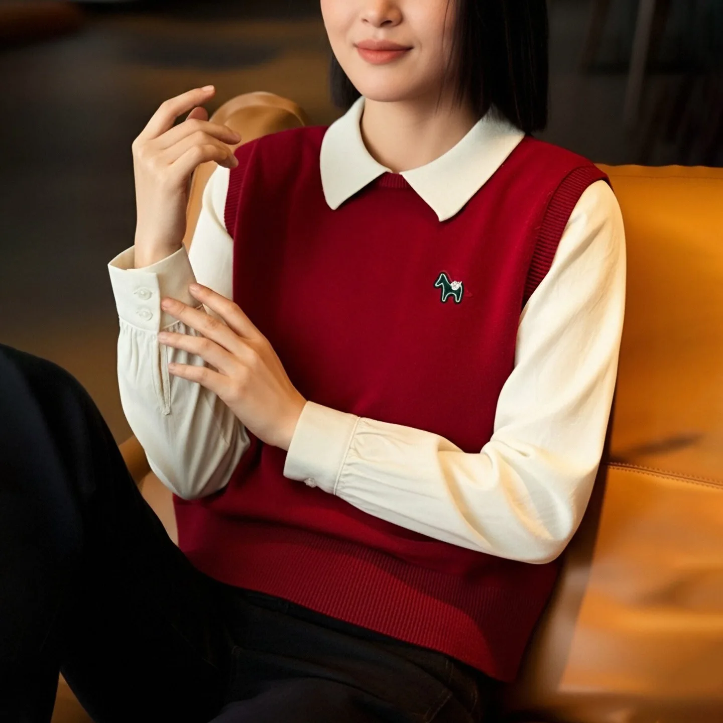 

New Year Red Knitted Sweater Fake Two-Piece round Ne Overhead Patchwork Spring Faion New Sle Men's Thiened Knitted