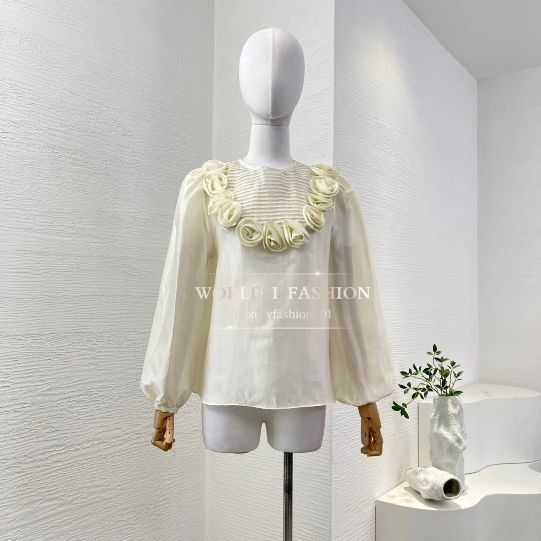

2025 High Quality White Apricot Long Sleeve Flowers Appliqued Pleat Blouse Tops