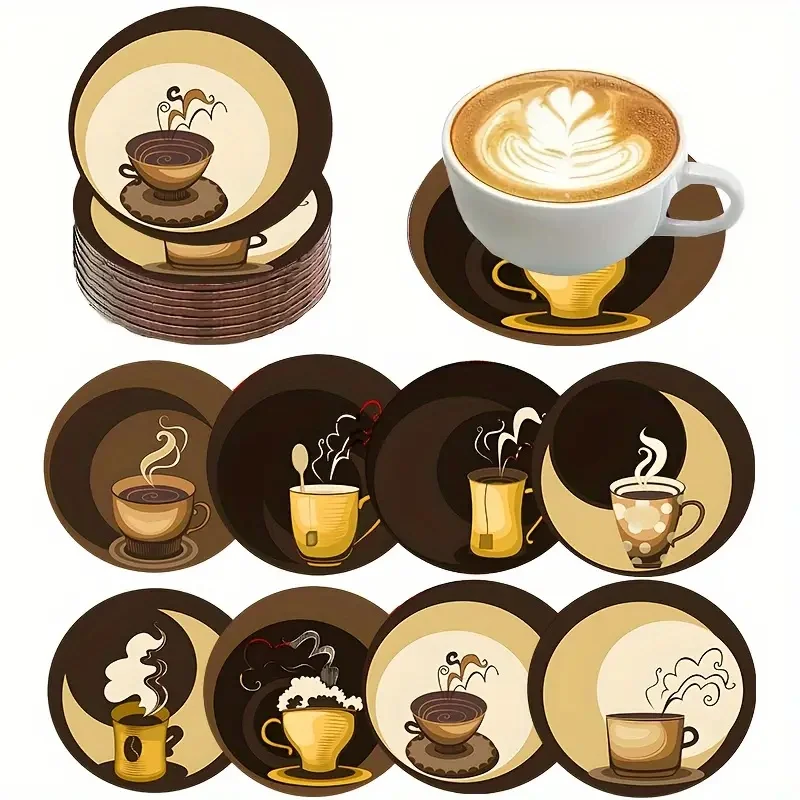 Das 8-teilige Untersetzer-Set mit gemusterten und farbig bedruckten Kaffeetassen eignet sich als Geschenk für Halloween und Weihnachten