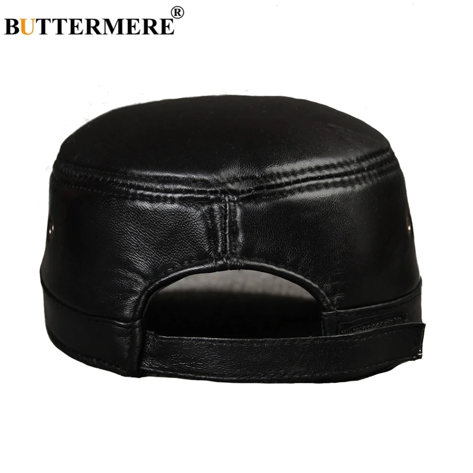 BUTTERMERE Men Military Hat Black Genuine Leather Flat Cap Beret Male Vintage Adjustable Army Cap Ivy Casual Autumn Captain Hat