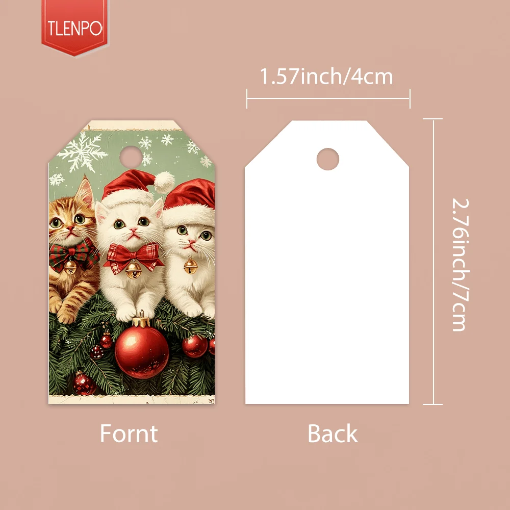 40pcs Vintage Christmas Cat Decorative Tags, Holiday Gift Labels, Party Decoration, Handmade Packaging Accents, Jute Rope
