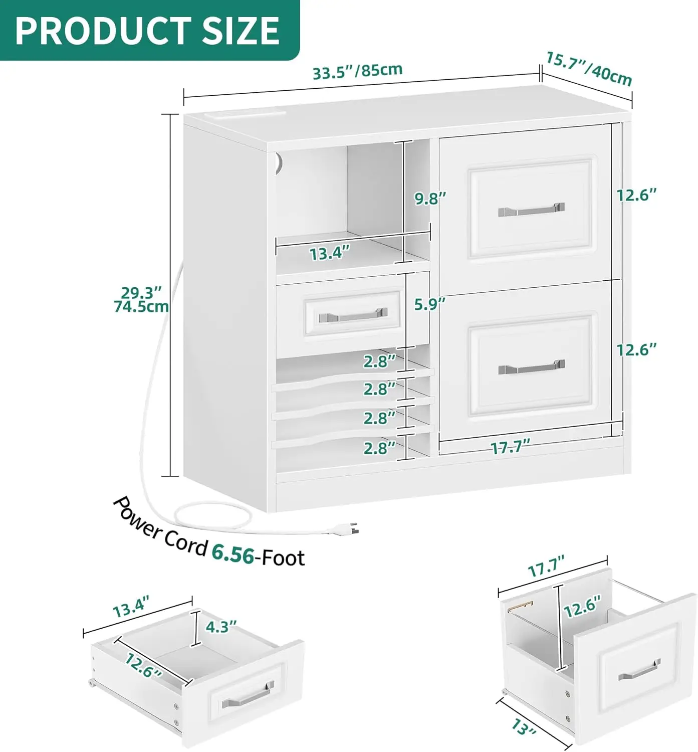 3 Drawer File Cabinet, Filing Cabinet with Charging Station, Printer Stand with Open Storage Shelves, Fits for A4, Letter