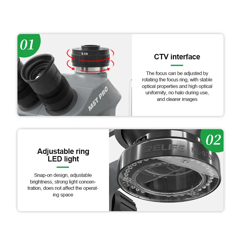 Microscópio trinocular HD RL-M5T Pro-B11 Novo design de aparência, ocular grande angular HD 10x, zoom 7-50 vezes, foco preciso。