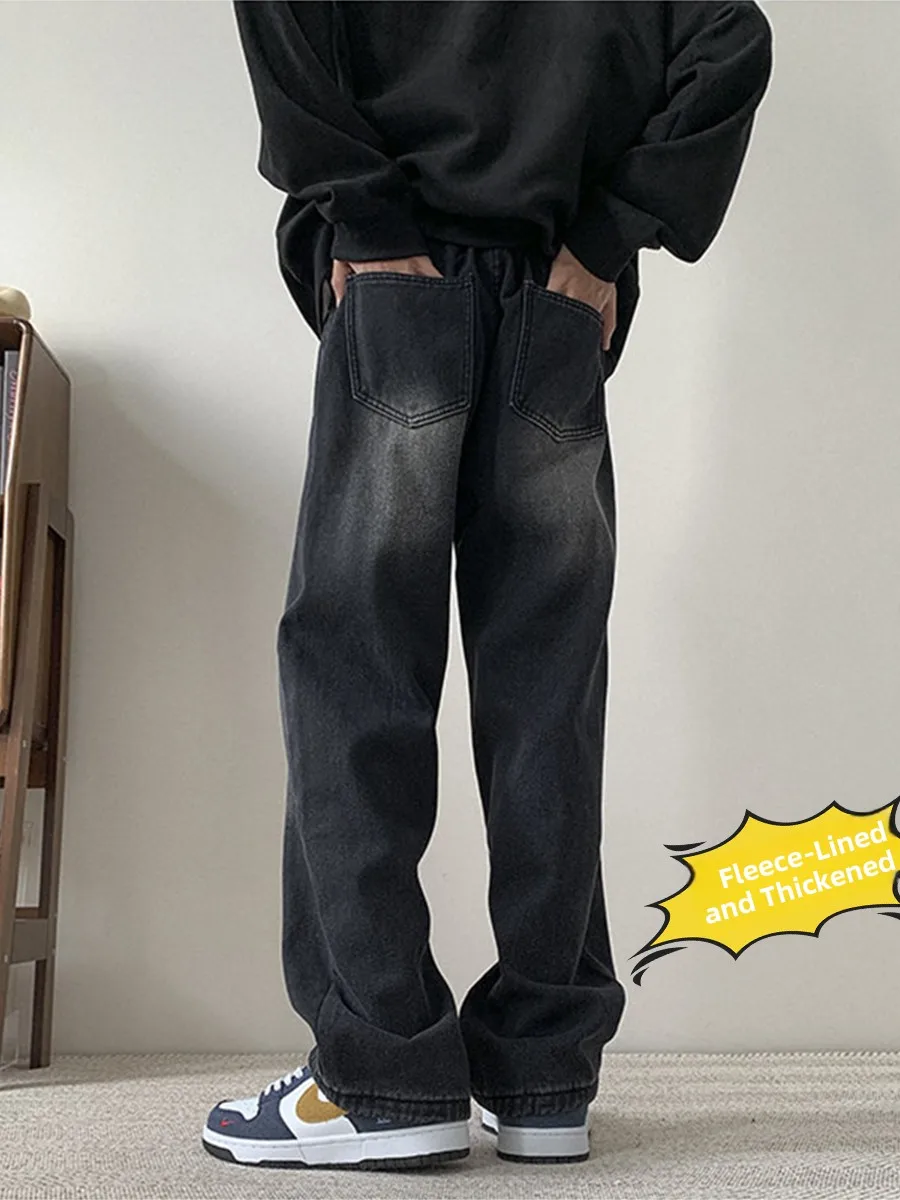 

Прямые джинсы на подкладке Bla Fce, мужские зимние длинные брюки свободного кроя, широкие брюки в американском стиле ретро High Street